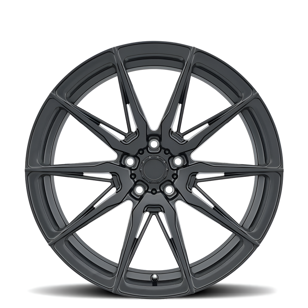 Black 10 spoke forged alloy wheel on white background