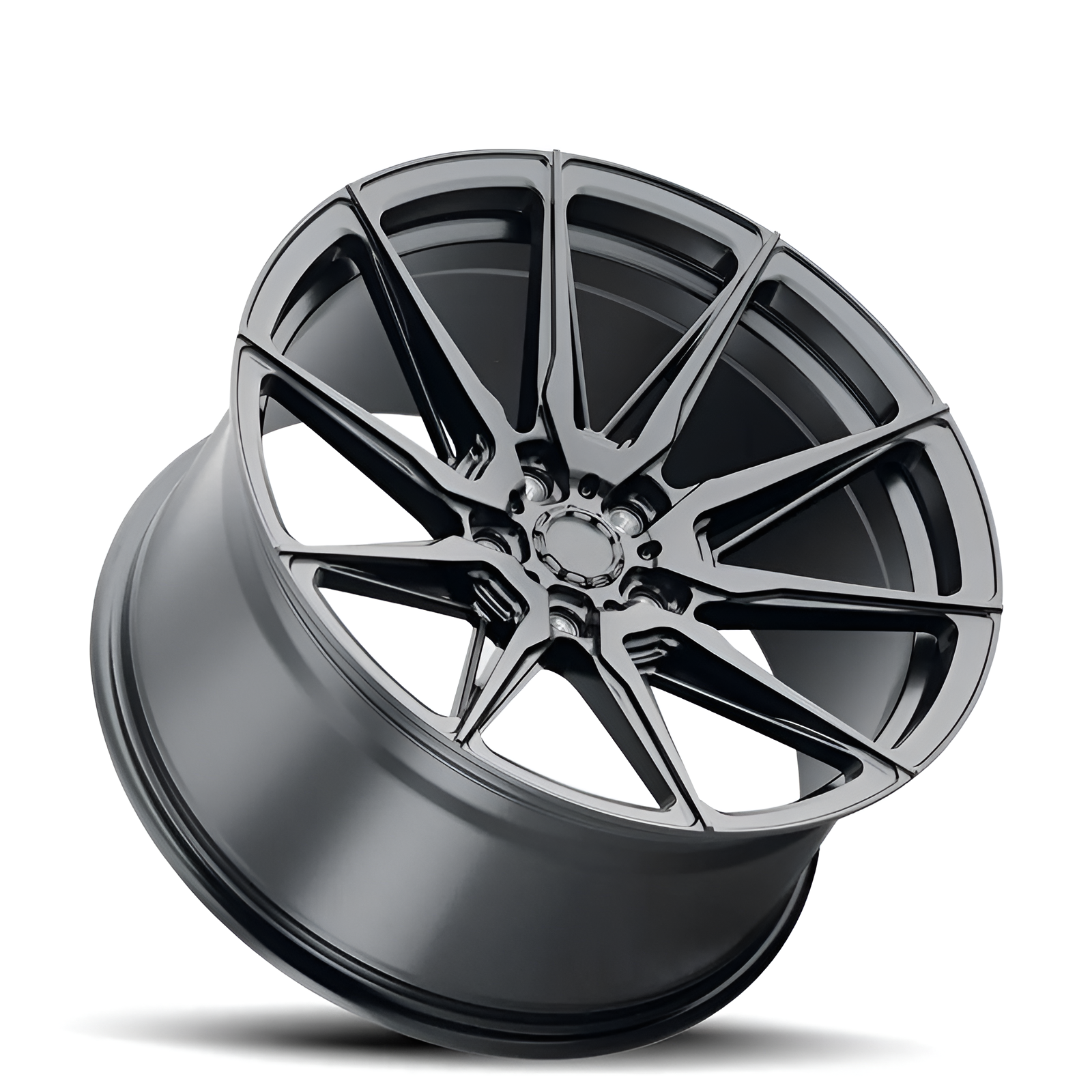 Black 10 spoke forged alloy wheel on white background