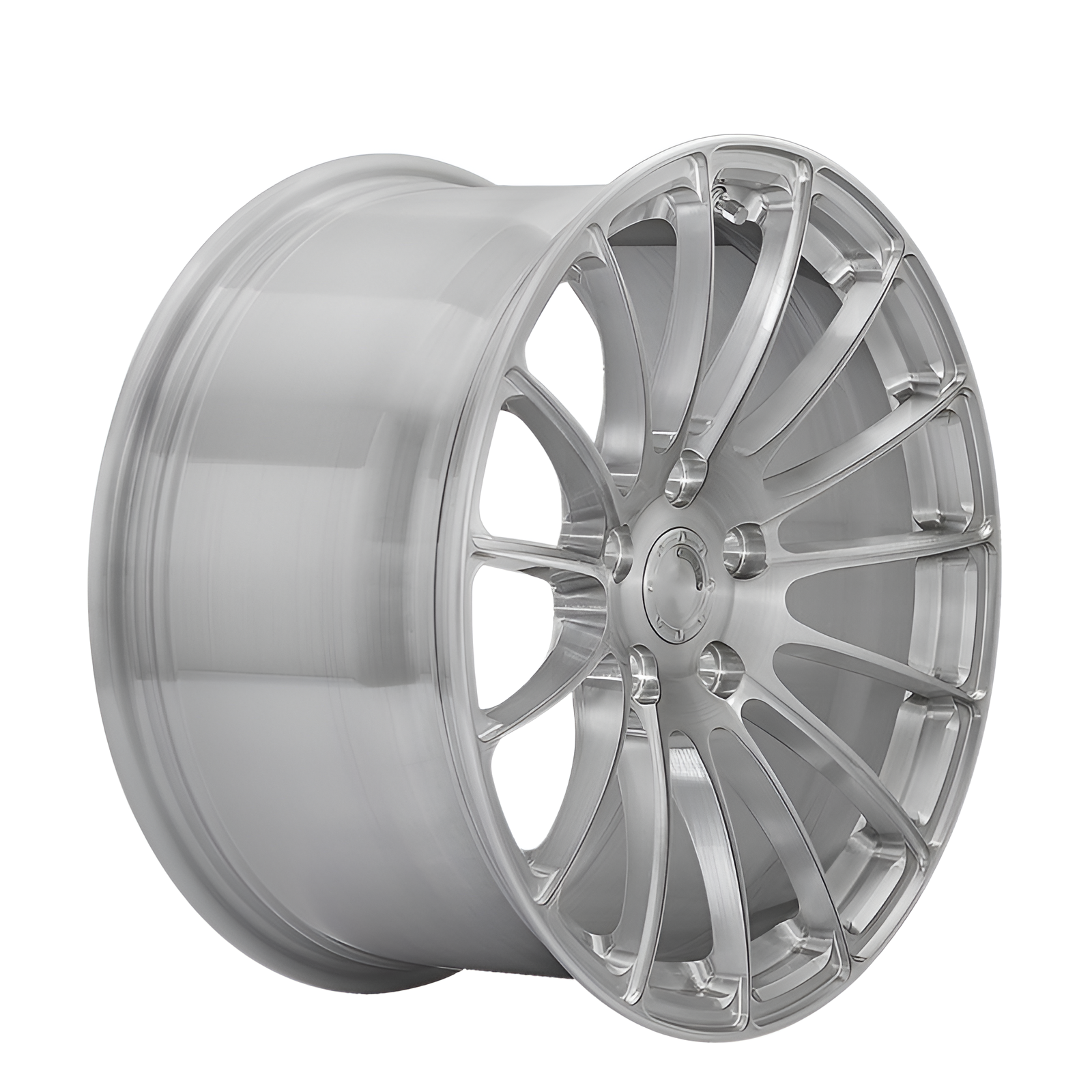 Silver multispoke forged alloy wheel on white background.
