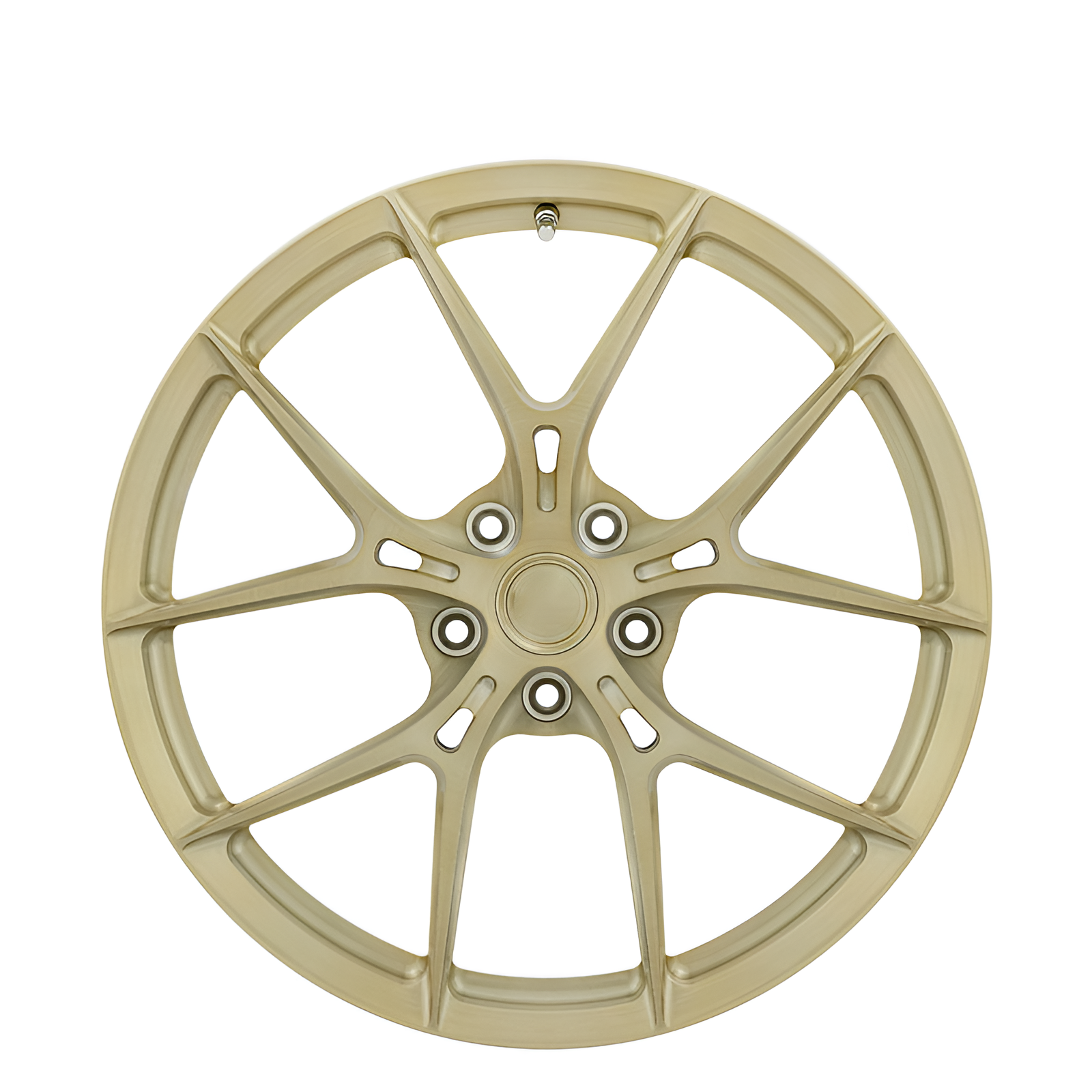Gold twin spoke forged alloy wheel on white background