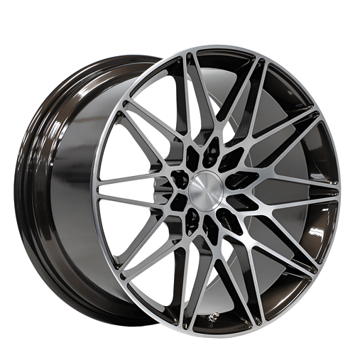 Black diamond cut forged wheel on white background.
