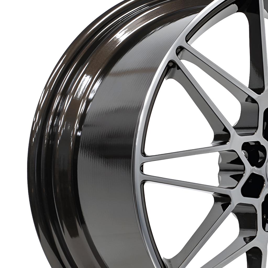 Black diamond cut forged wheel on white background.