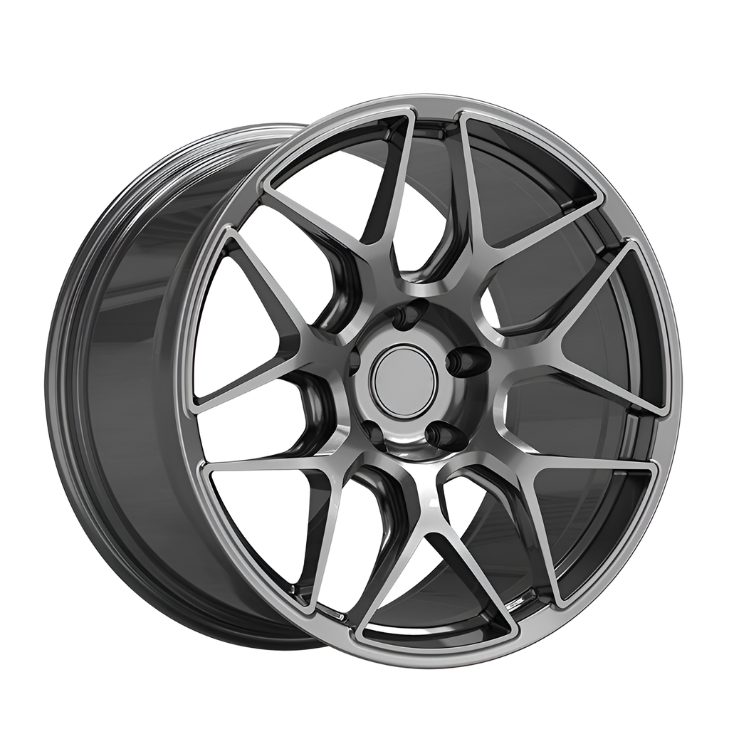 Gunmetal grey forged alloy wheel on white background.