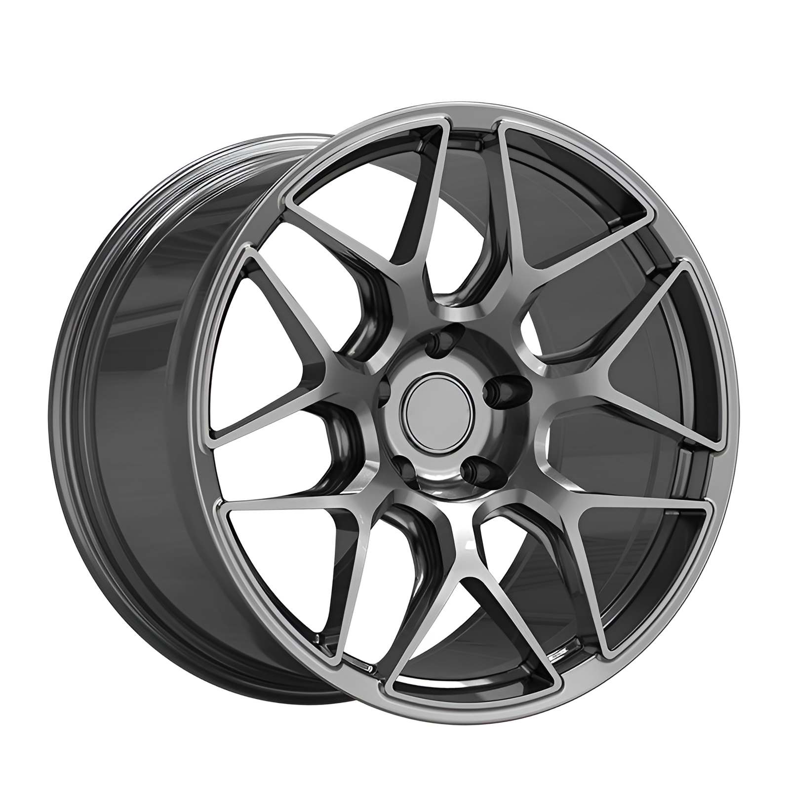 Gunmetal grey forged alloy wheel on white background.