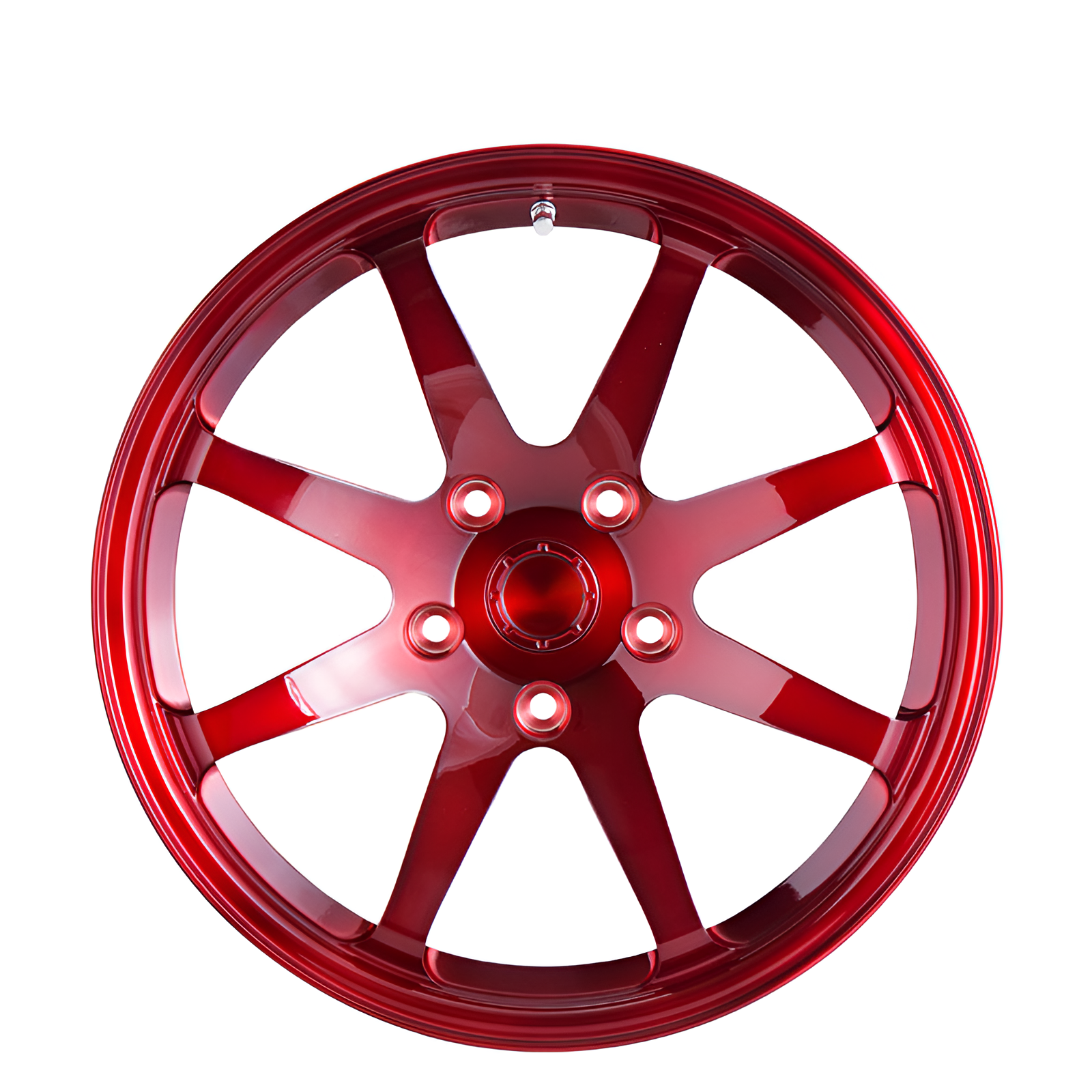 Red 8 spoke forged alloy wheel on white background