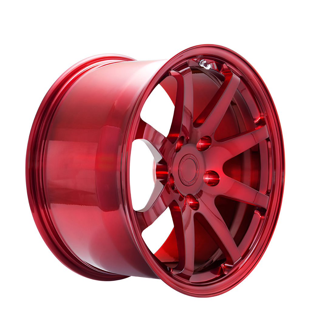 Red 8 spoke forged alloy wheel on white background