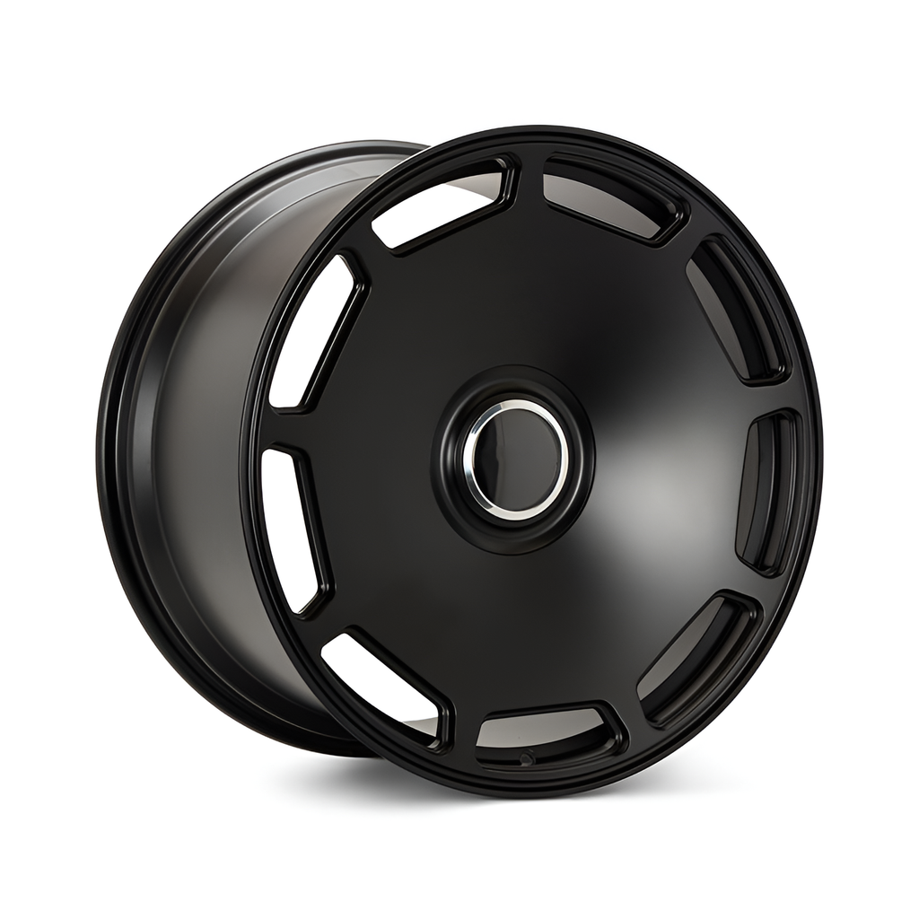 Black forged alloy wheel on white background