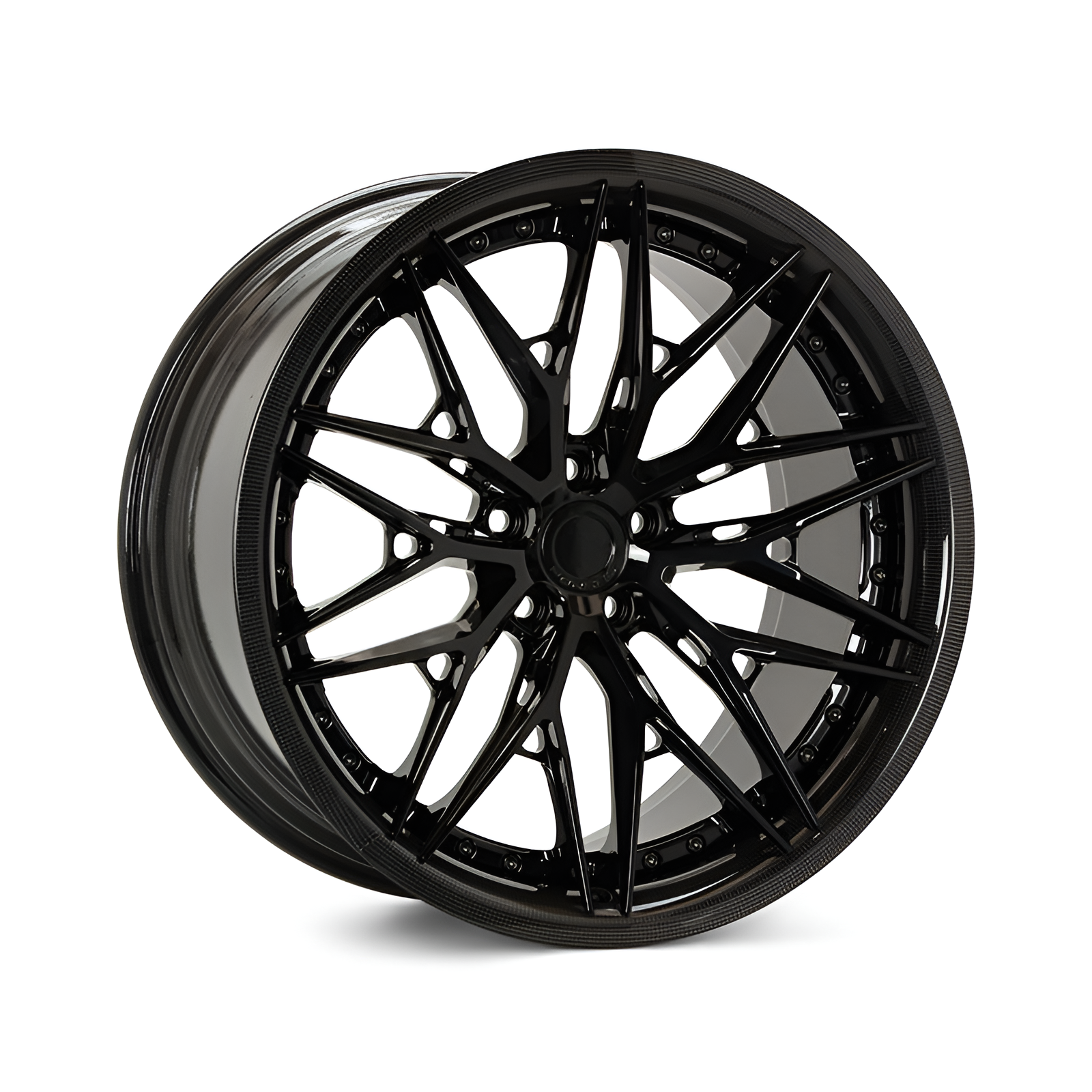 Black carbon barrel forged alloy wheel on white background