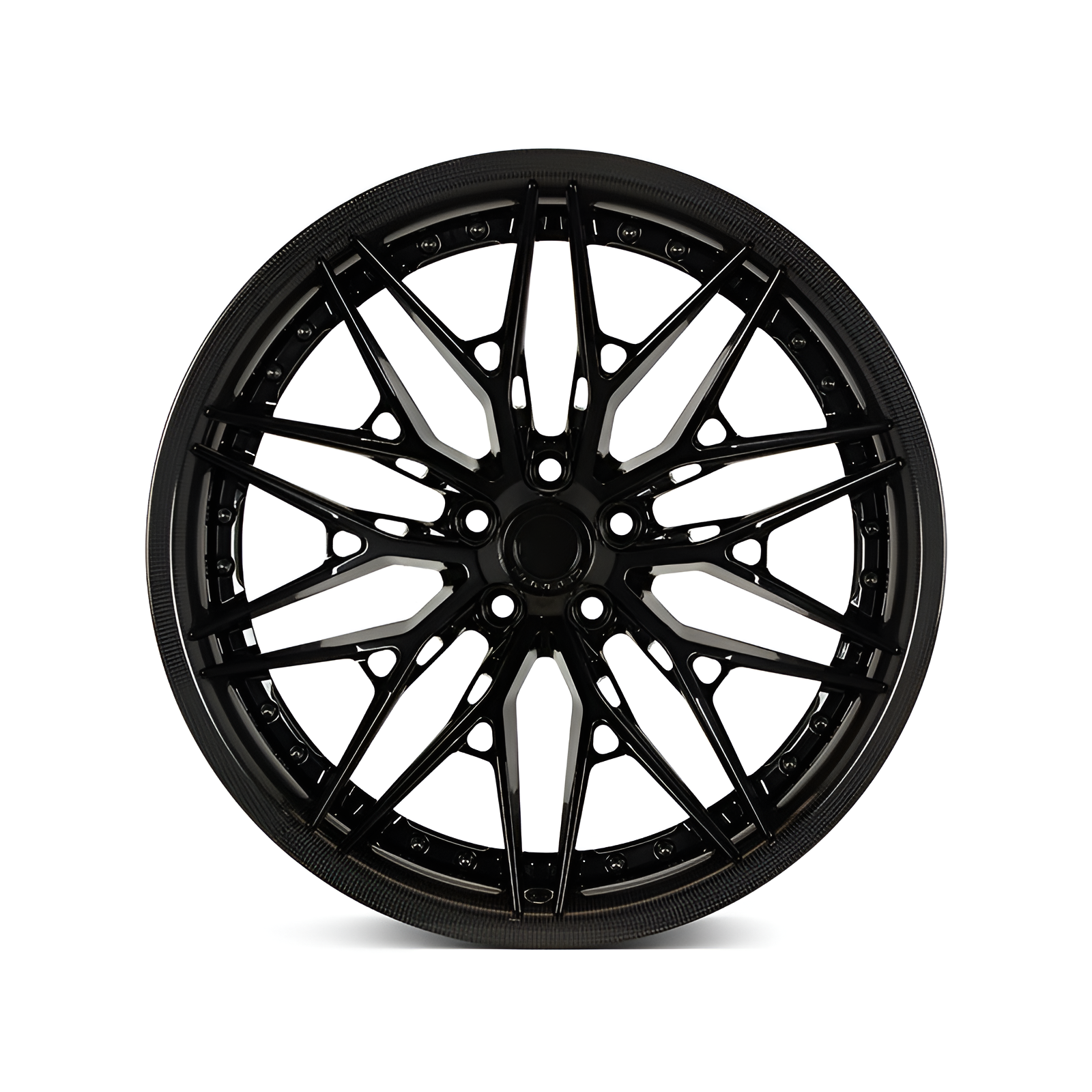 Black carbon barrel forged alloy wheel on white background