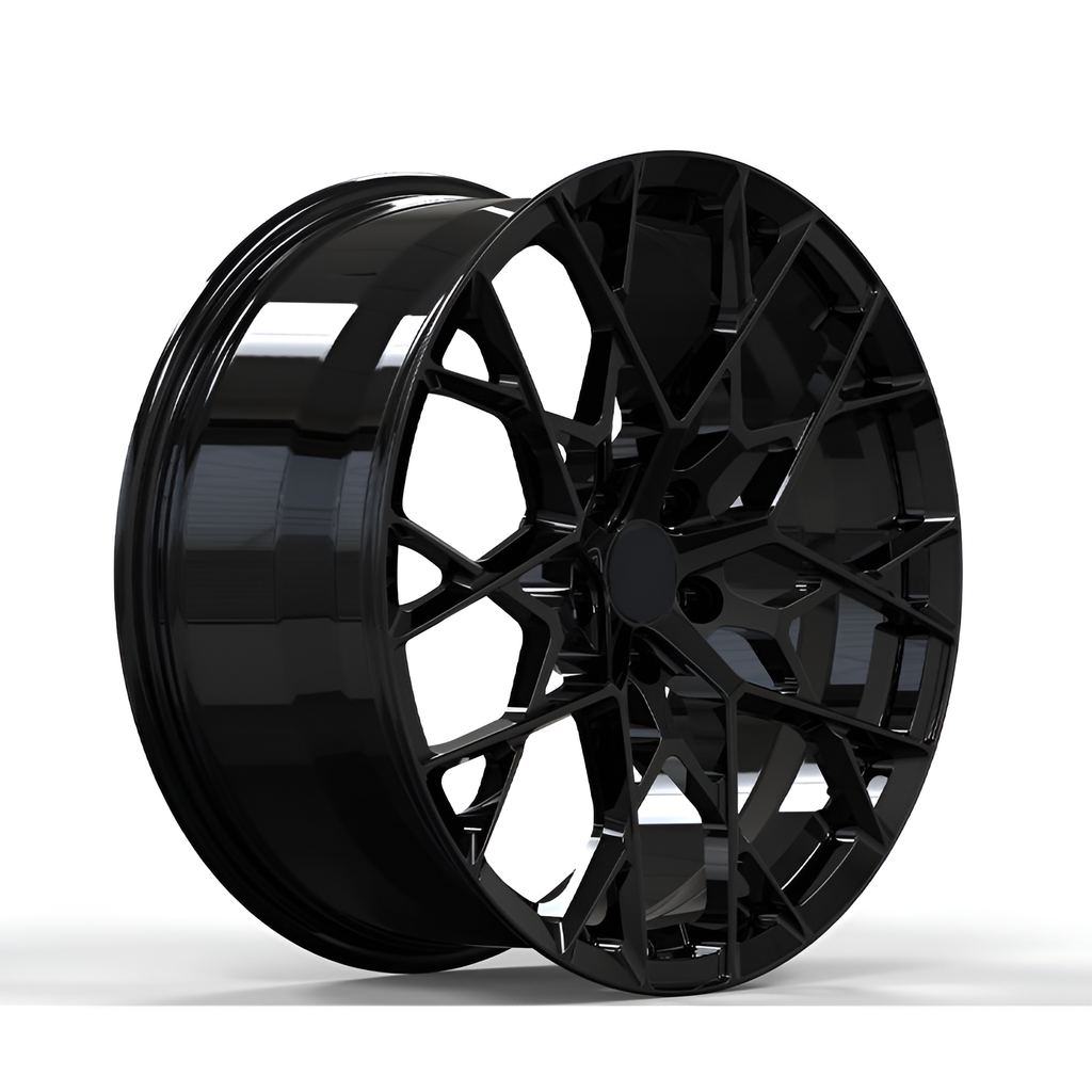 Black forged alloy wheel on white background.