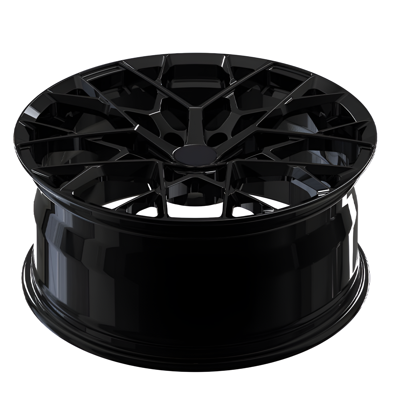 Black forged alloy wheel on white background.