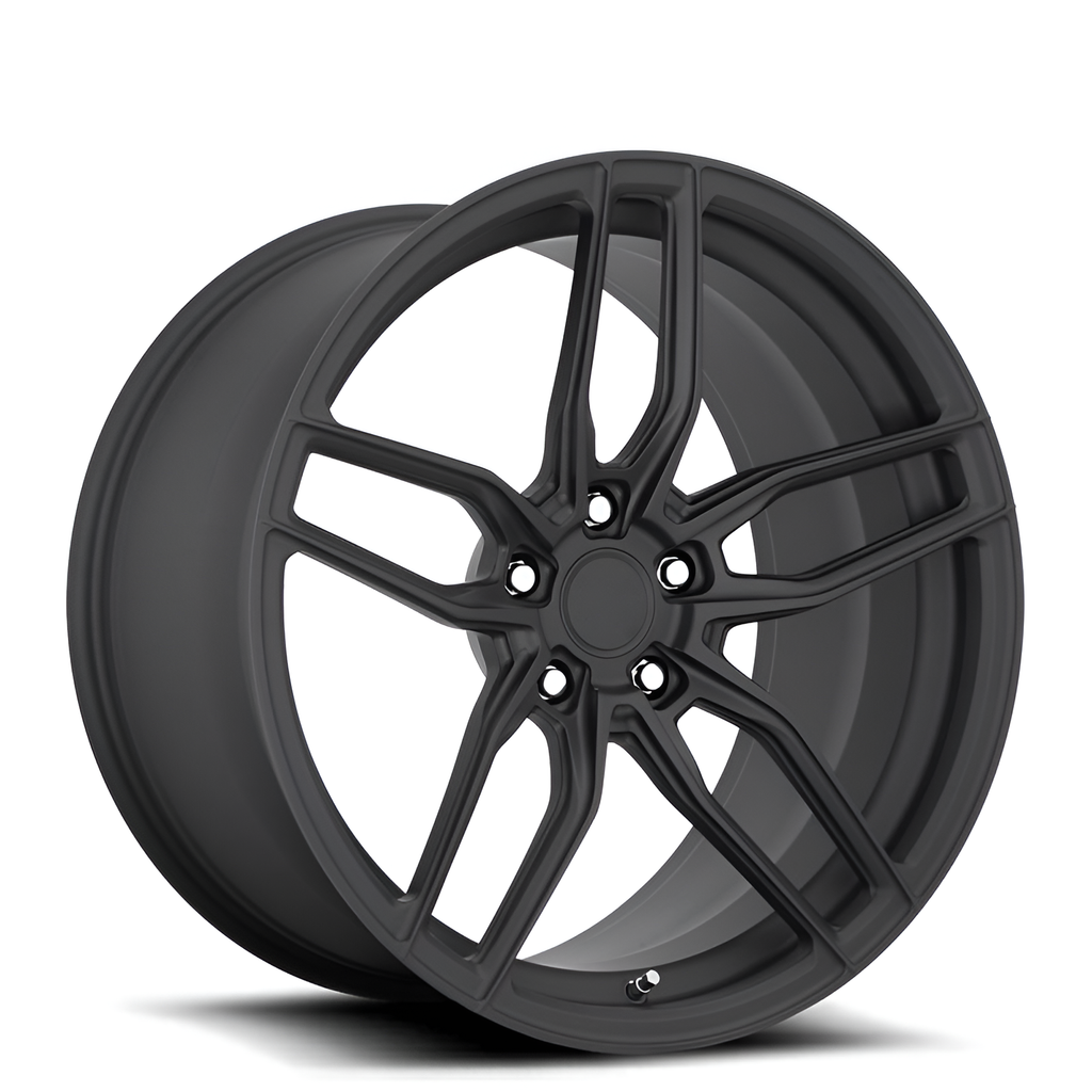 Black twin 5 spoke forged alloy wheel on white background