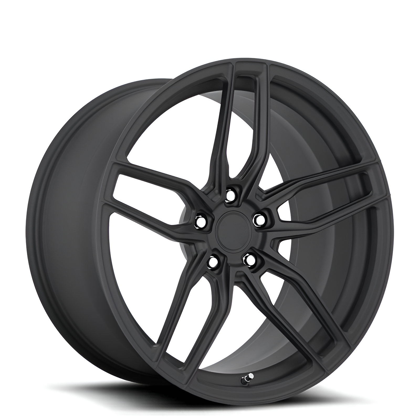 Black twin 5 spoke forged alloy wheel on white background