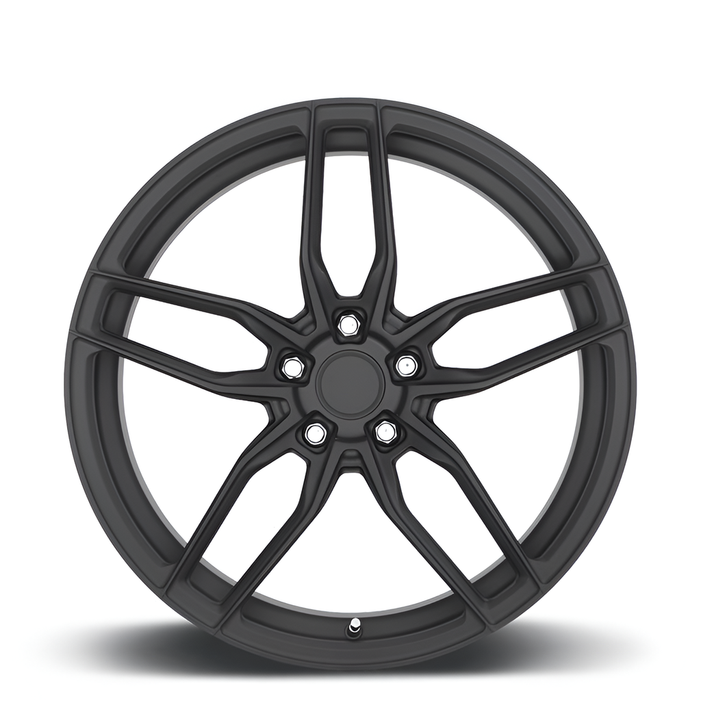 Black twin 5 spoke forged alloy wheel on white background