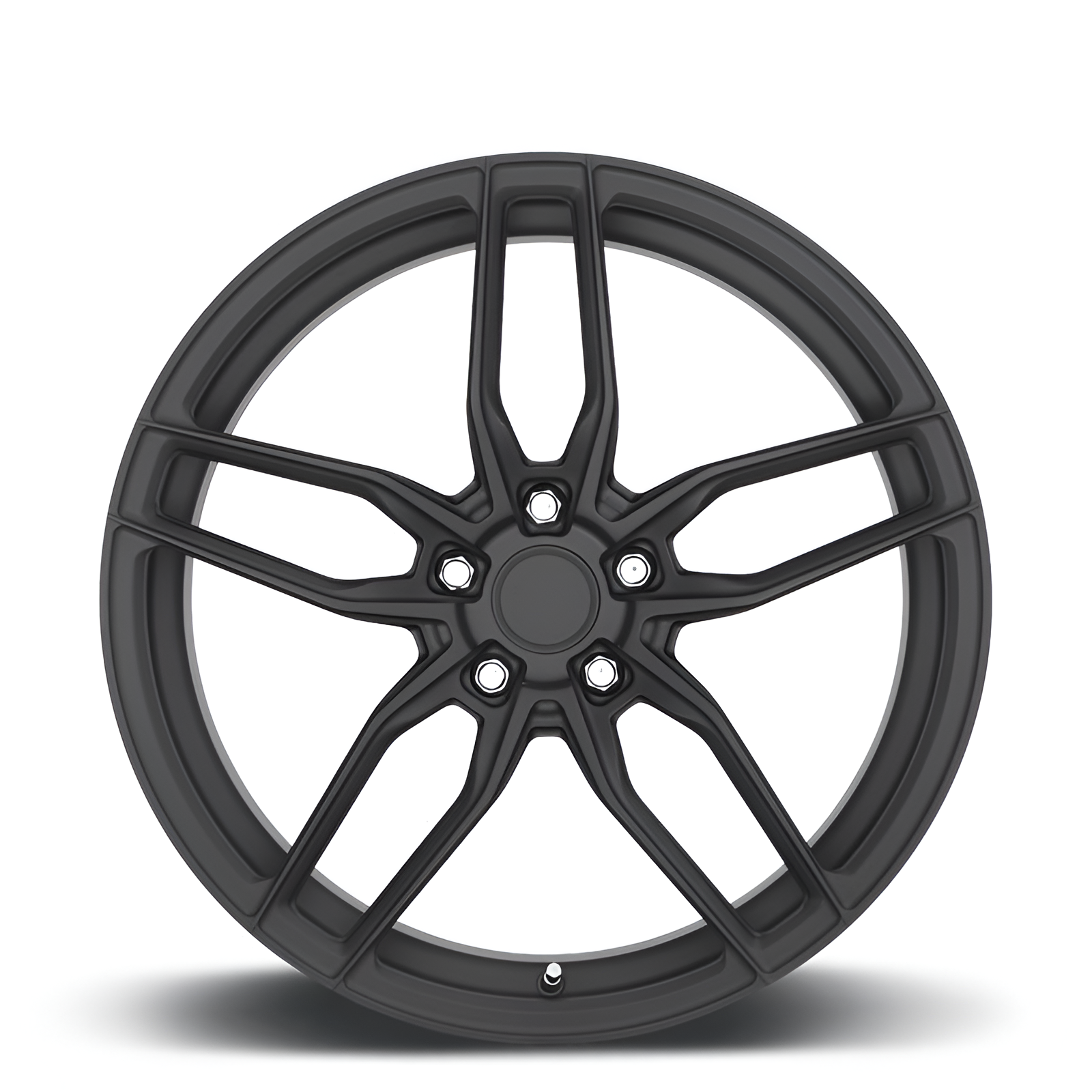 Black twin 5 spoke forged alloy wheel on white background