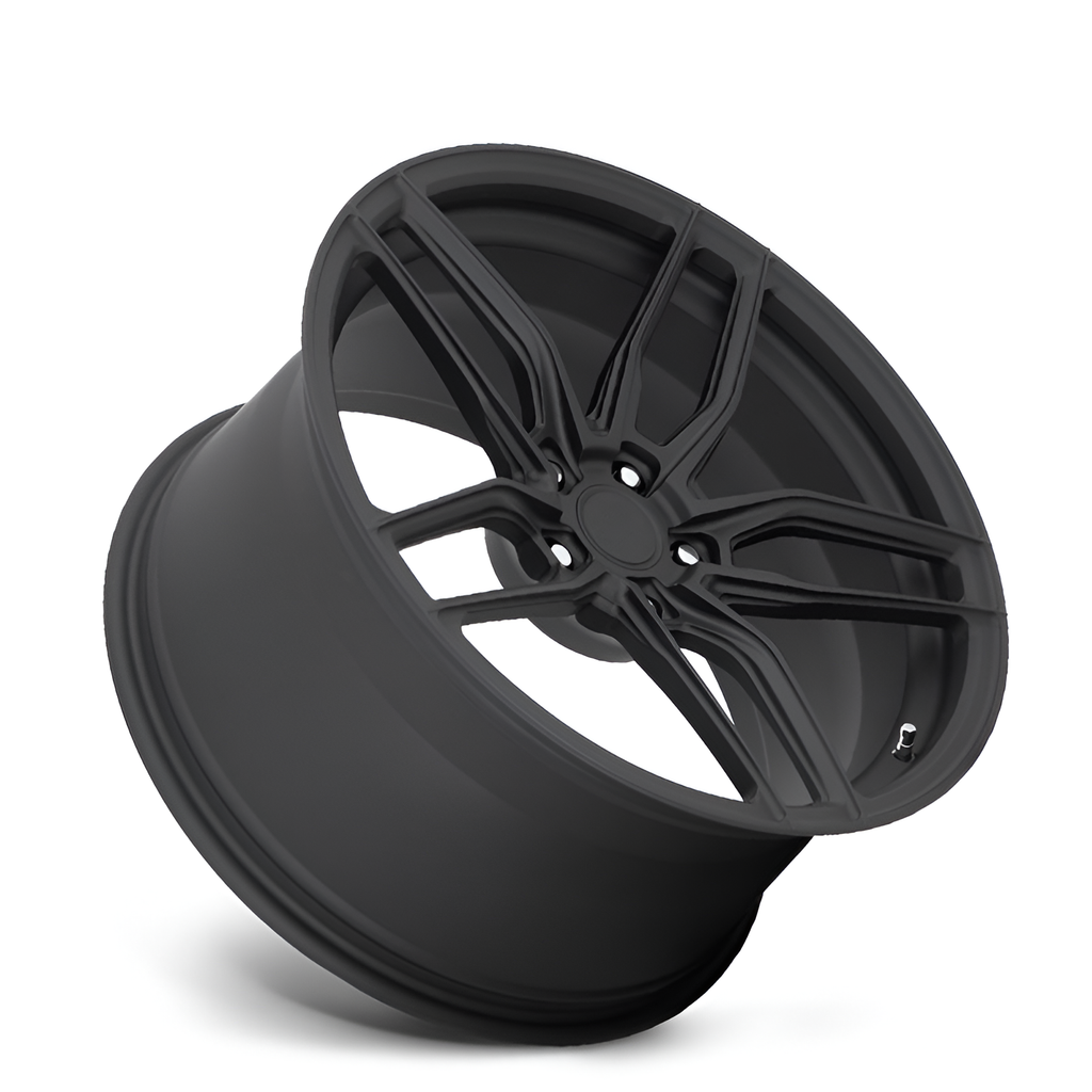 Black twin 5 spoke forged alloy wheel on white background