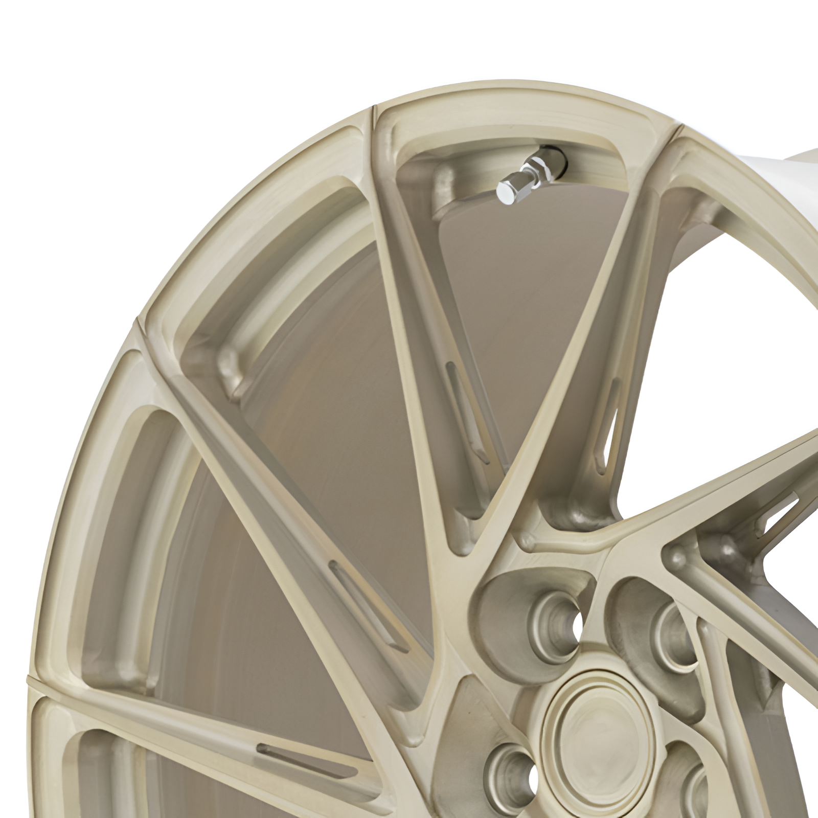 Gold 10 spoke forged alloy wheel on white background