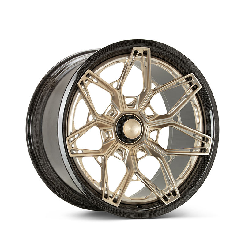 Gold carbon barrel forged alloy wheel on white background