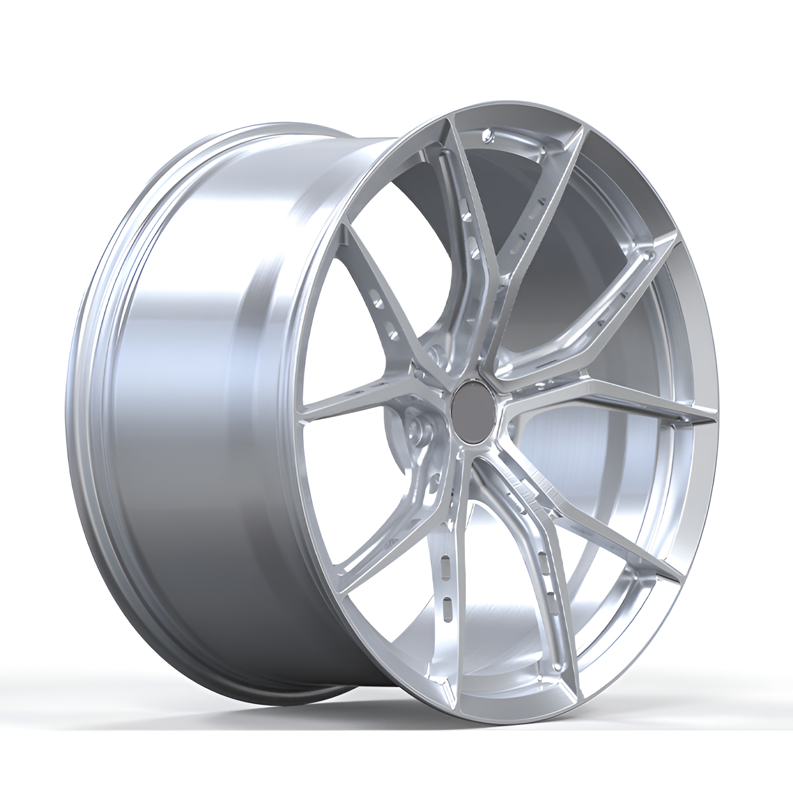 Silver twin spoked design forged wheel on white background.