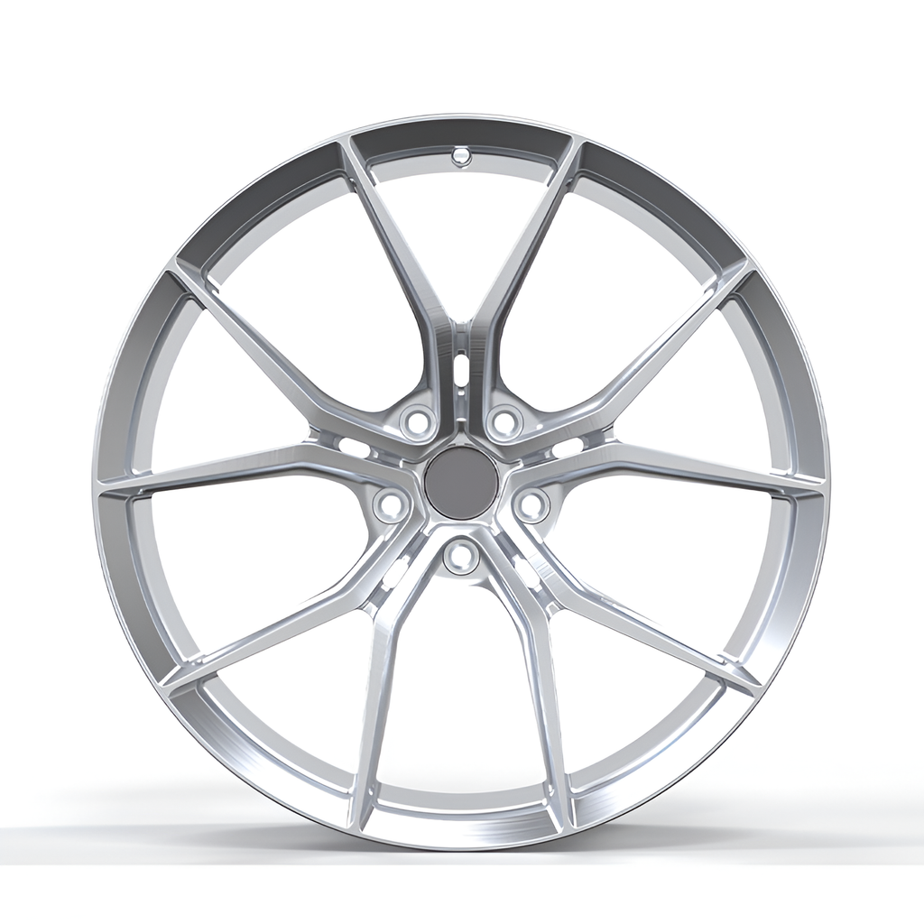 Silver twin spoked design forged wheel on white background.