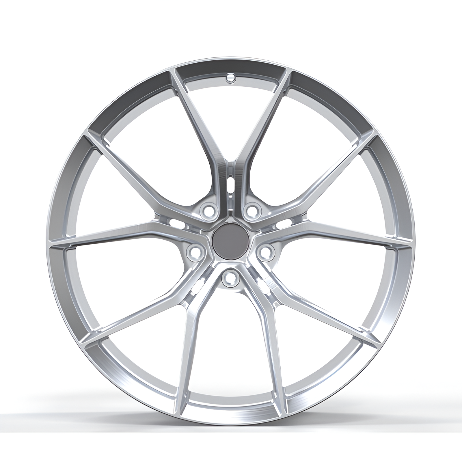 Silver twin spoked design forged wheel on white background.