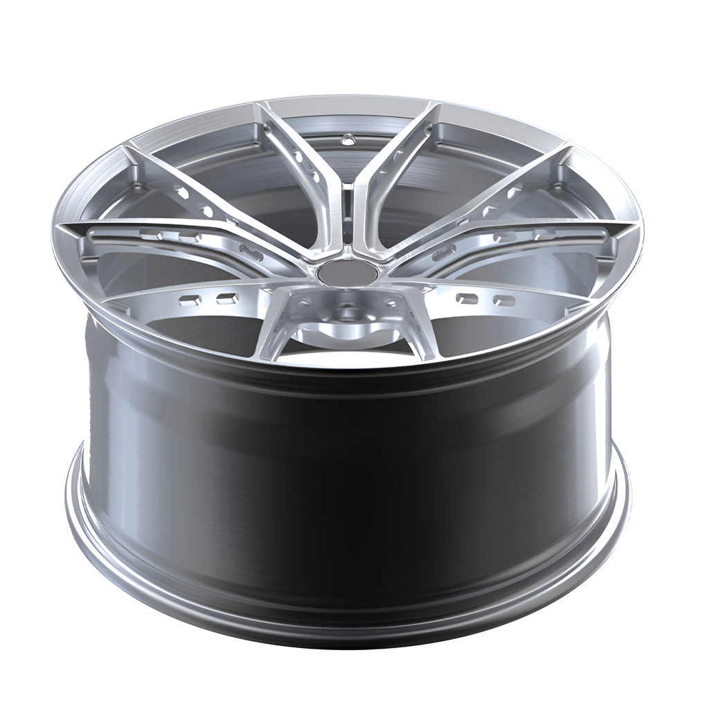 Silver twin spoked design forged wheel on white background.