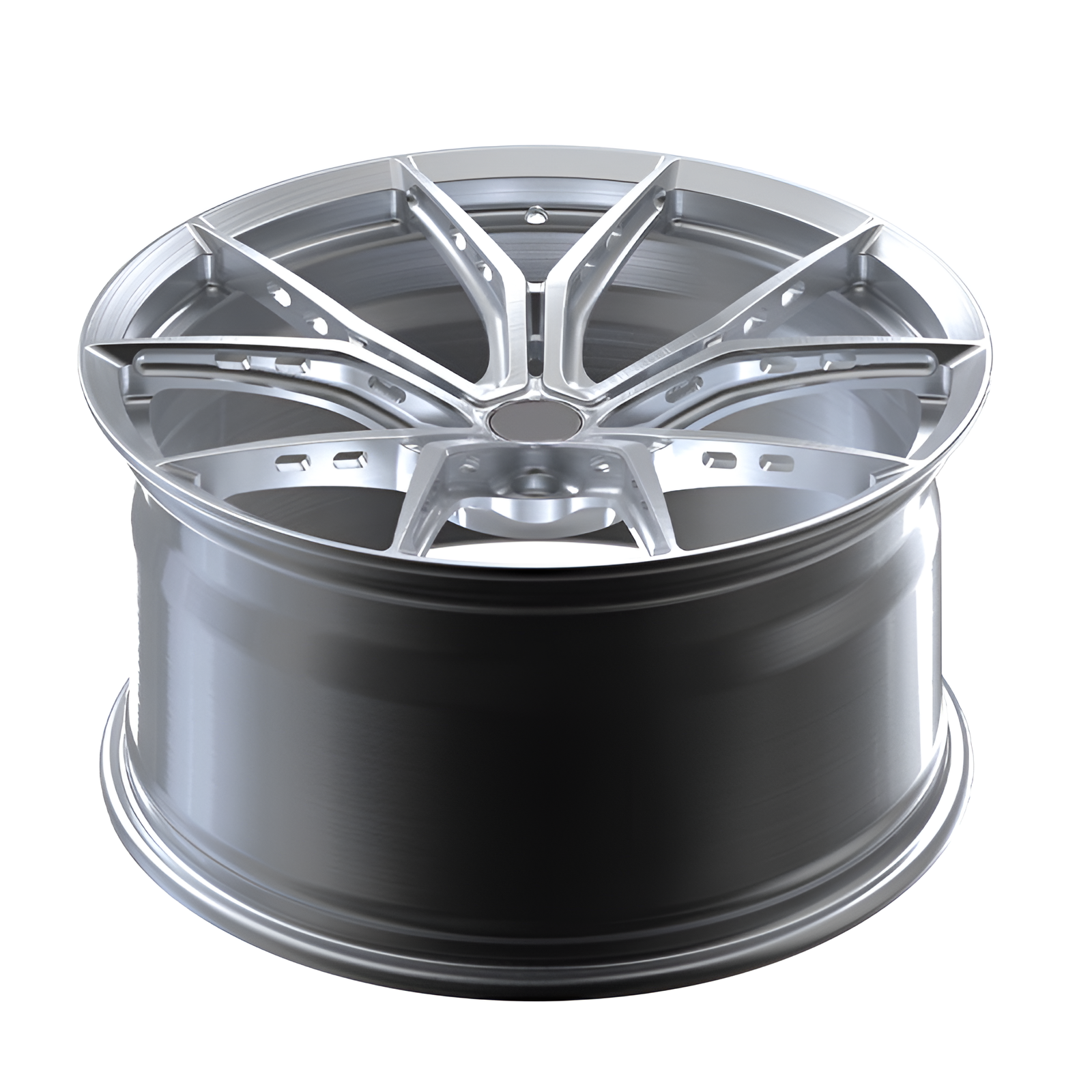 Silver twin spoked design forged wheel on white background.