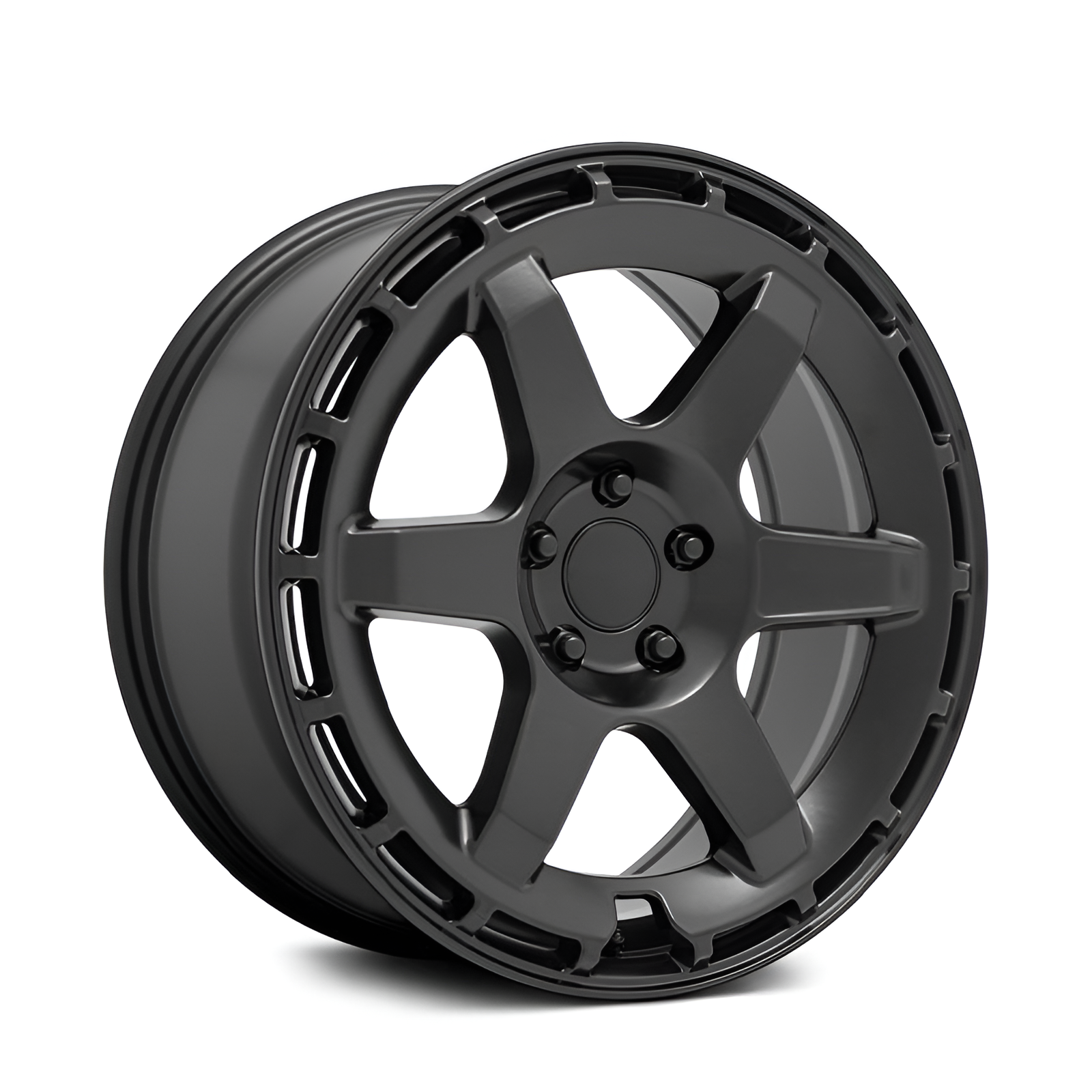 Black 6 spoke forged alloy wheel on white background.