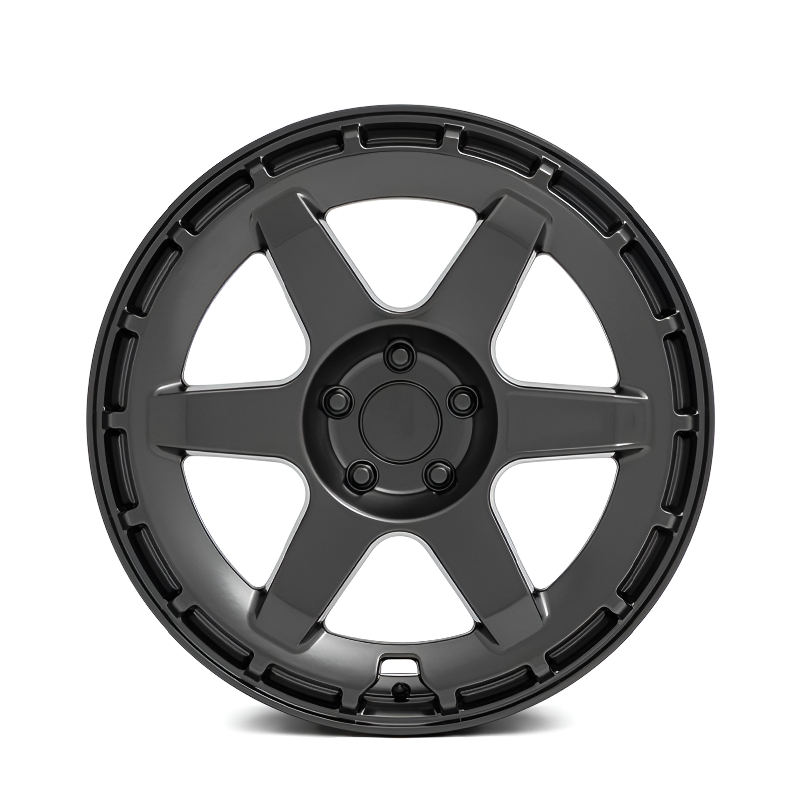 Black 6 spoke forged alloy wheel on white background.