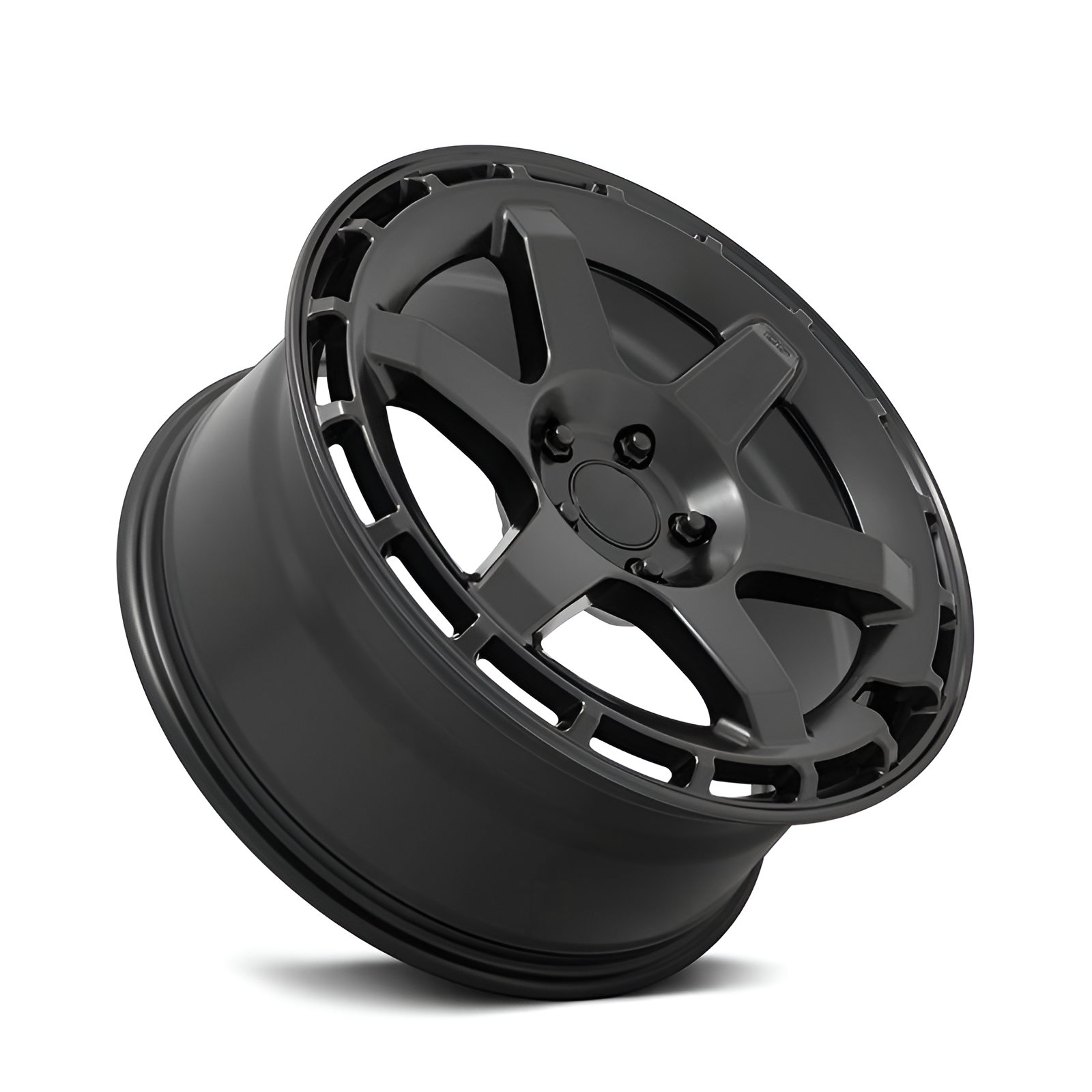 Black 6 spoke forged alloy wheel on white background.