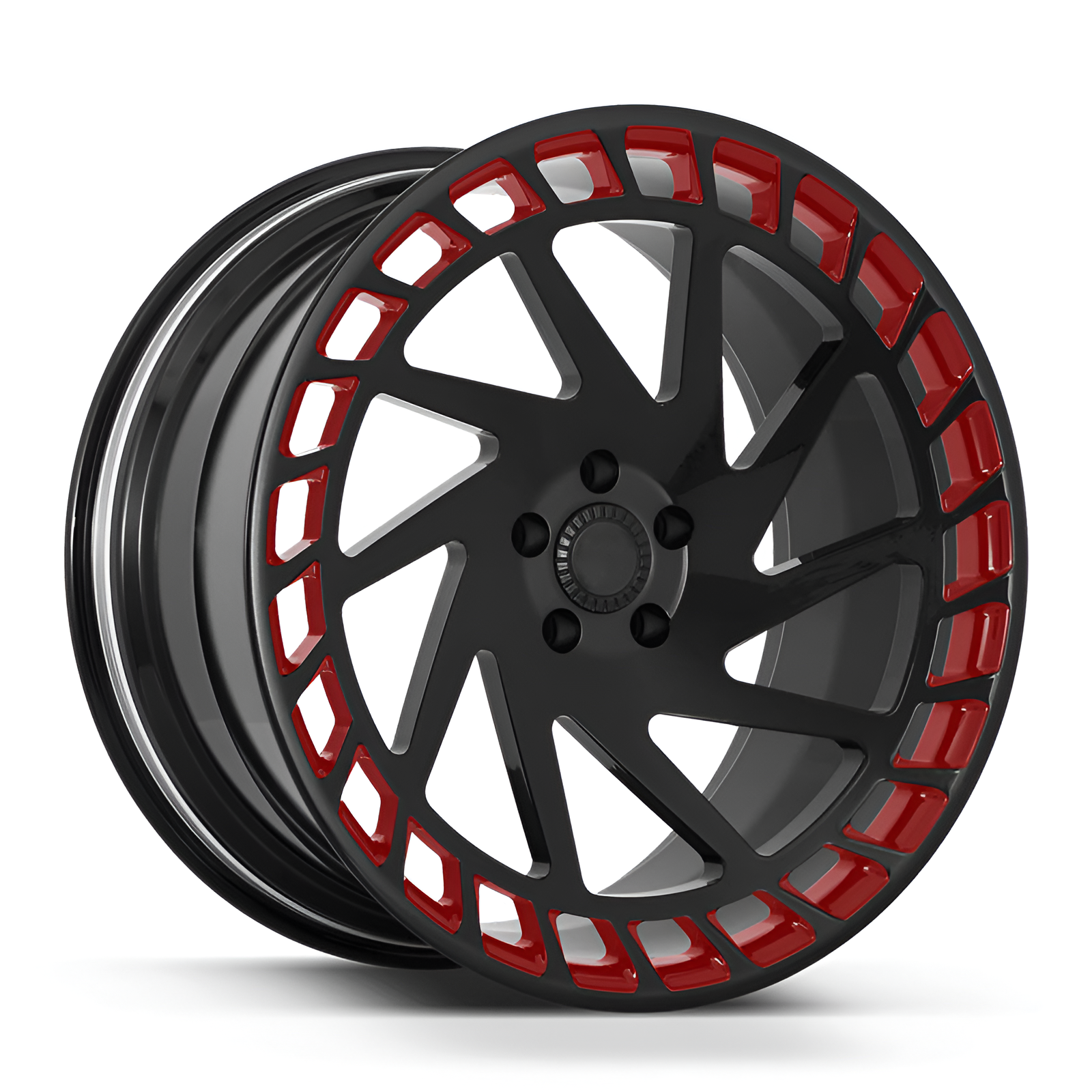 Black turbine forged alloy wheel with red accents on white background