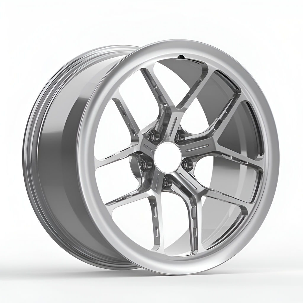 Silver forged alloy wheel on white background.