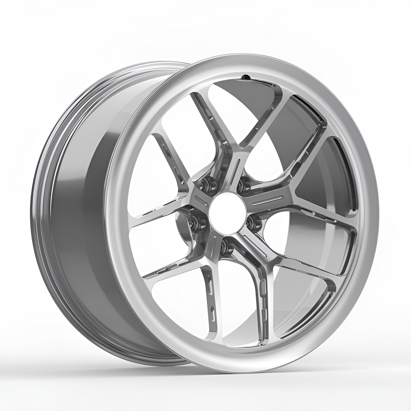 Silver forged alloy wheel on white background.