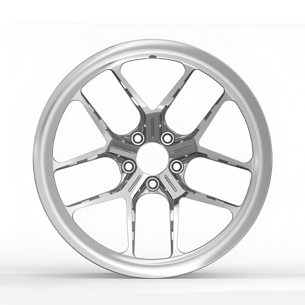 Silver forged alloy wheel on white background.