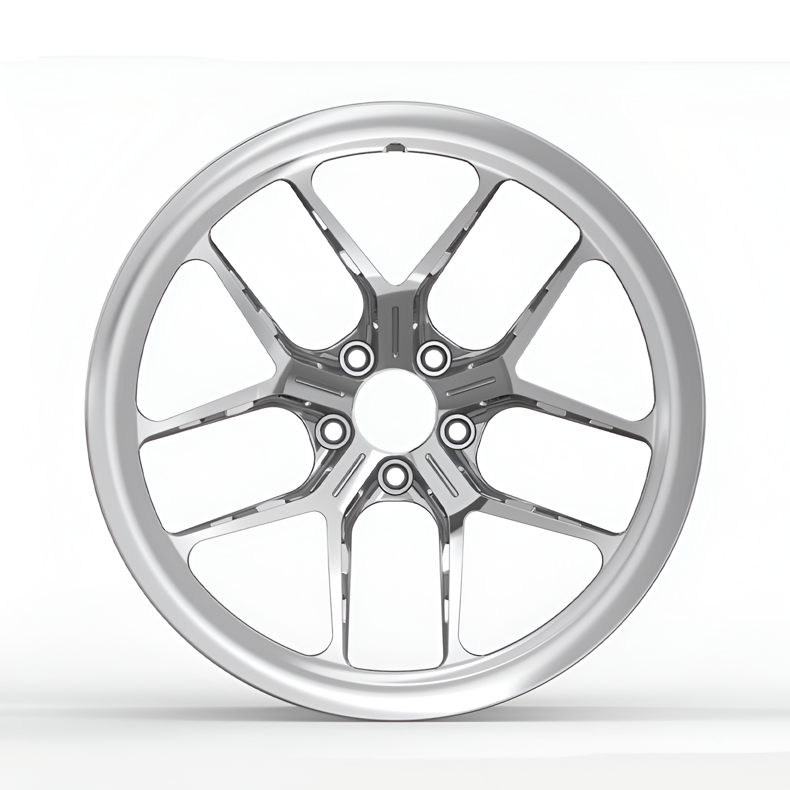 Silver forged alloy wheel on white background.