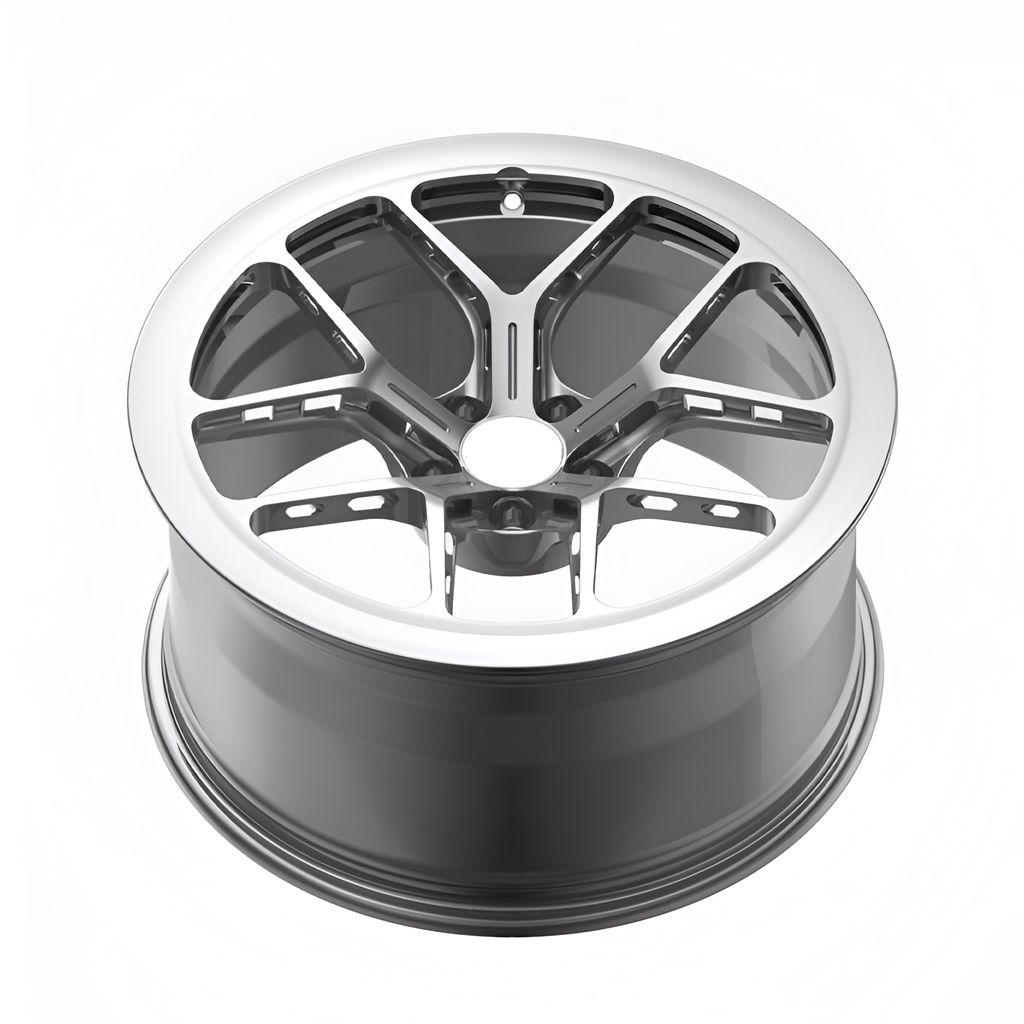 Silver forged alloy wheel on white background.