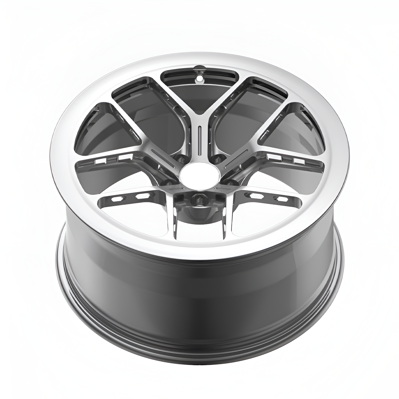 Silver forged alloy wheel on white background.
